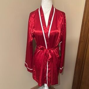 Forever 21 Red Satin Robe with white Elegant Trim